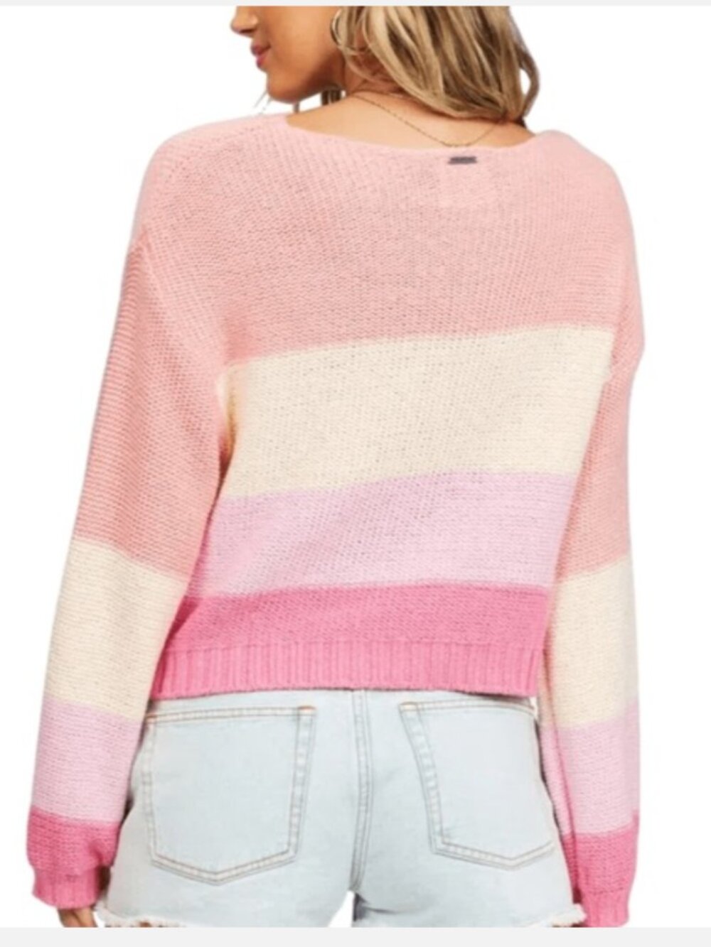 NWT Billabong Seeing Stripes Cotton Sweater Sz Medium Pink Slouchy Crop Pullover - Picture 3 of 11